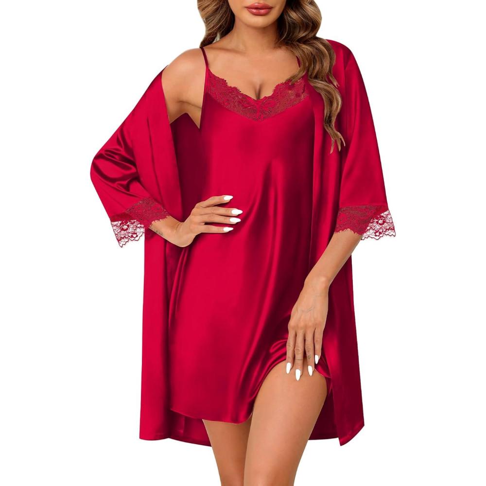 imageSWOMOG Womens Satin Robe Set 2 Piece Sexy Pajamas Sets Lace Cami Nightgown and Silk Robes NightwearRed