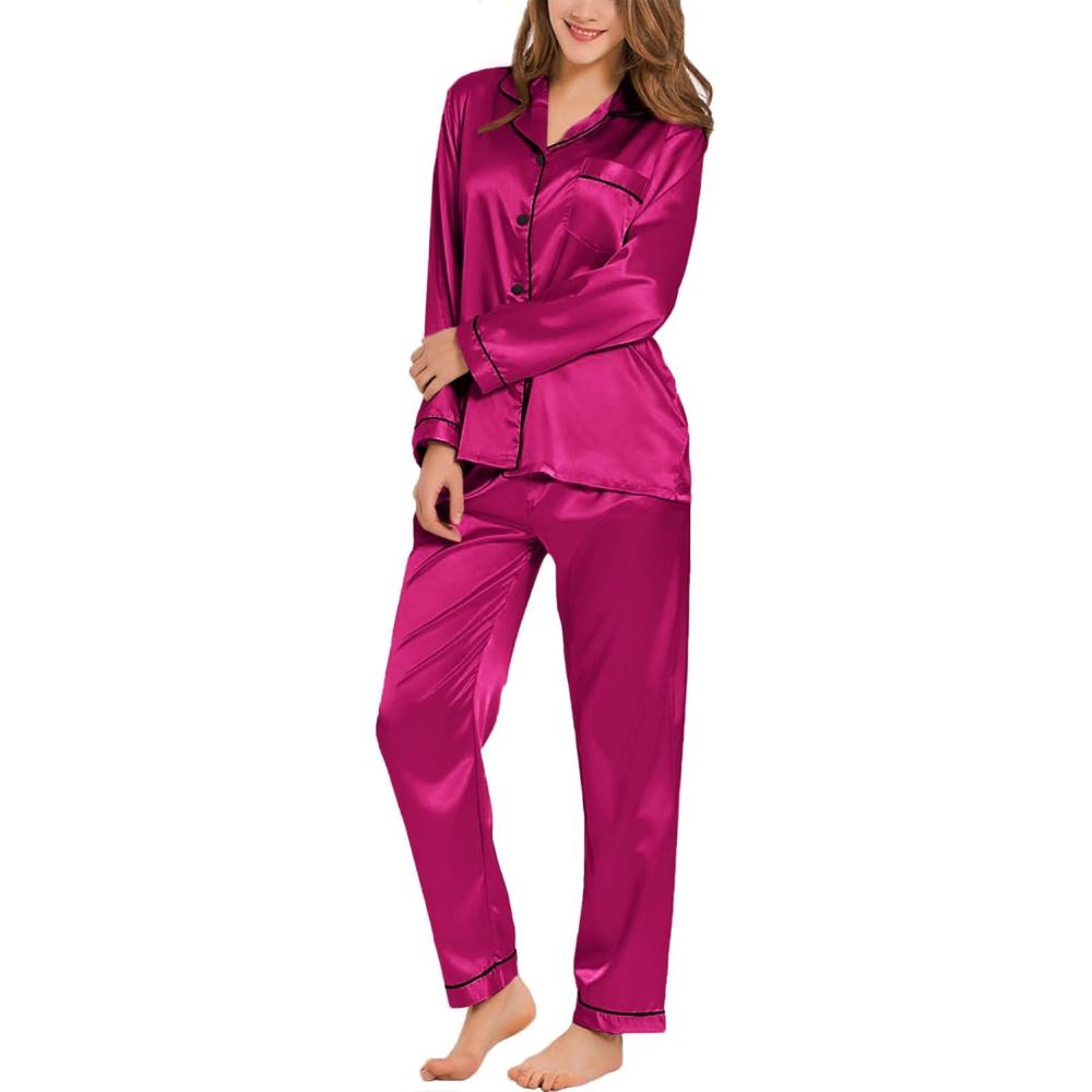 imageSWOMOG Womens Silk Satin Pajamas Set Long Sleeve Button Down Sleepwear 2 Piece Lounge Set Pj Set XS3XLPitaya