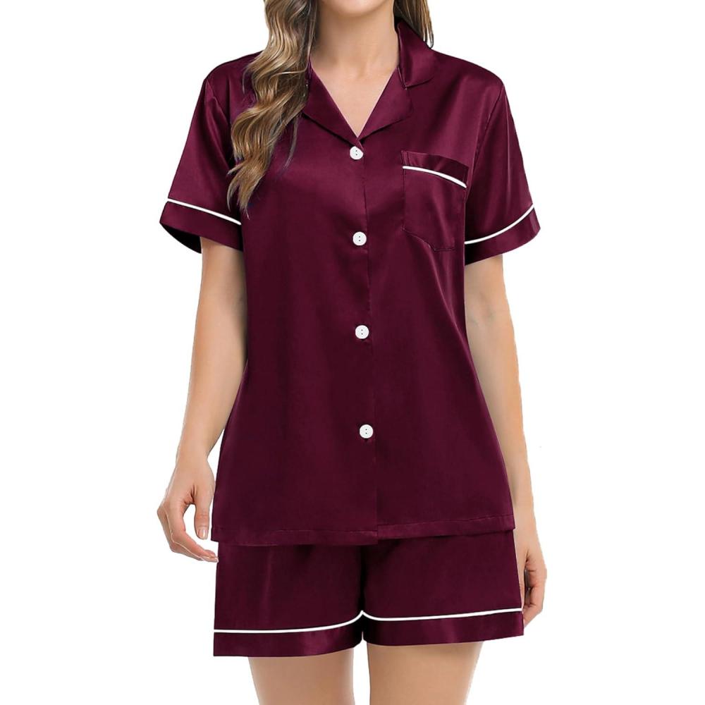imageSWOMOG Womens Silk Satin Pajamas Set Short Sleeve Sleepwear Button Down Top and Shorts Loungewear 2 Piece Pjs Set XS3XLDeep Wine Redstyle 3