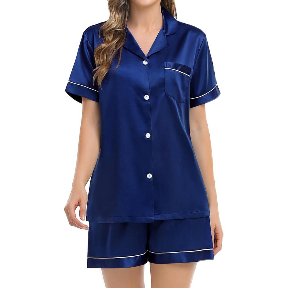 imageSWOMOG Womens Silk Satin Pajamas Set Short Sleeve Sleepwear Button Down Top and Shorts Loungewear 2 Piece Pjs Set XS3XLNavy Bluestyle 3