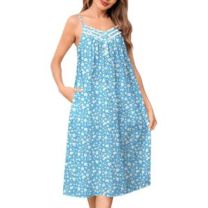SWOMOG 100% Cotton Nightgowns for Women Lace Nightgown Sleeveless Sleep Dress Victorian Sleepshirt Button Strap Gown(Blue Flower)