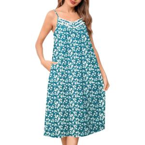 SWOMOG 100% Cotton Nightgowns for Women Lace Nightgown Sleeveless Sleep Dress Victorian Sleepshirt Button Strap Gown(Cyan White Flower)