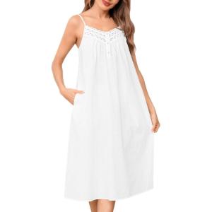 SWOMOG 100% Cotton Nightgowns for Women Lace Nightgown Sleeveless Sleep Dress Victorian Sleepshirt Button Strap Gown(White)