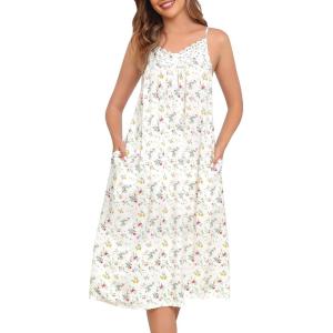 SWOMOG 100% Cotton Nightgowns for Women Lace Nightgown Sleeveless Sleep Dress Victorian Sleepshirt Button Strap Gown(White Flower)