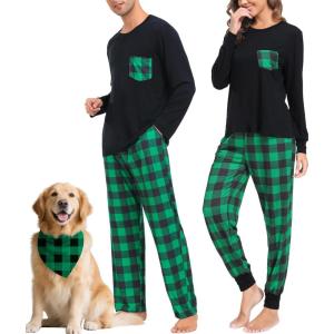 SWOMOG Adult Christmas Pajamas Buffalo Plaid Pajama Pants with Pockets Long Sleeve Tops for Couples & Family(Black & Green Plaid)