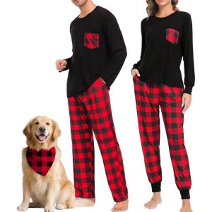 SWOMOG Adult Christmas Pajamas Buffalo Plaid Pajama Pants with Pockets Long Sleeve Tops for Couples & Family(Black & Red Plaid)