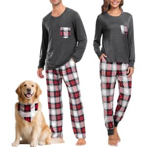 SWOMOG Adult Christmas Pajamas Buffalo Plaid Pajama Pants with Pockets Long Sleeve Tops for Couples & Family(Deep Grey)
