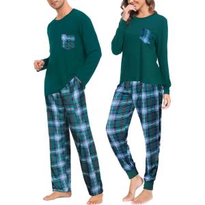 SWOMOG Adult Christmas Pajamas Buffalo Plaid Pajama Pants with Pockets Long Sleeve Tops for Couples & Family(Green Plaid)