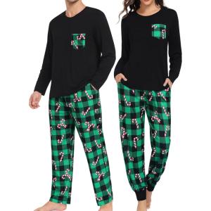 SWOMOG Adult Christmas Pajamas Buffalo Plaid Pajama Pants with Pockets Long Sleeve Tops for Couples & Family(Green Pliad&candy Cane)