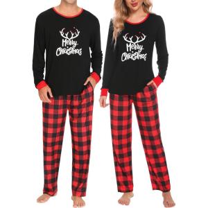 SWOMOG Adult Christmas Pajamas Buffalo Plaid Pajama Pants with Pockets Long Sleeve Tops for Couples & Family(Merry Christmas&plaid)