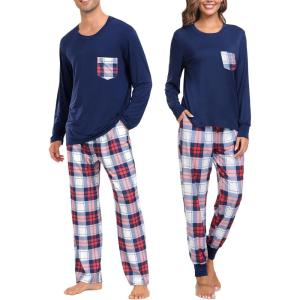 SWOMOG Adult Christmas Pajamas Buffalo Plaid Pajama Pants with Pockets Long Sleeve Tops for Couples & Family(Navy Blue)