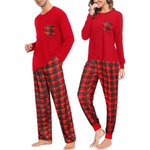 SWOMOG Adult Christmas Pajamas Buffalo Plaid Pajama Pants with Pockets Long Sleeve Tops for Couples & Family(Red Plaid)