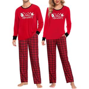 SWOMOG Adult Christmas Pajamas Buffalo Plaid Pajama Pants with Pockets Long Sleeve Tops for Couples & Family(Snowman&plaid)