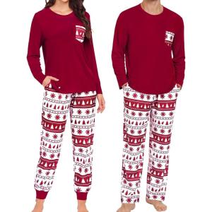 SWOMOG Adult Christmas Pajamas Buffalo Plaid Pajama Pants with Pockets Long Sleeve Tops for Couples & Family(Wine Red Christmas Tree)