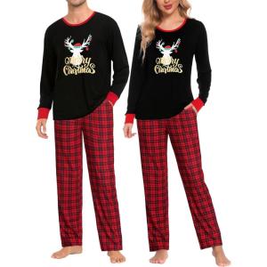 SWOMOG Adult Christmas Pajamas Buffalo Plaid Pajama Pants with Pockets Long Sleeve Tops for Couples & Family(Xmas Reindeer&plaid)