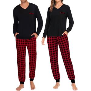 SWOMOG Adult Christmas Pajamas Buffalo Plaid Pajama Pants with Pockets Long Sleeve Tops for Couples & Family(Z-black)