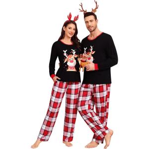 SWOMOG Couple Matching Pajamas Set Christmas Pajamas Long Sleeve Button Down Pj Set Festival Party Xmas Sleepwear Women,Christmas Deer,XX-Large