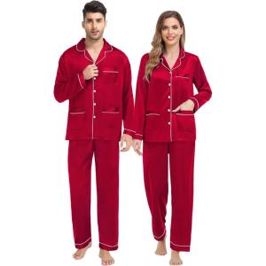 SWOMOG Couples Matching Pajamas Set Women & Men Satin Long Sleeve Sleepwear Soft Button Down Pj Set Silk Loungewear(A – Reda)