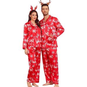 SWOMOG Couples Matching Pajamas Set Women & Men Satin Long Sleeve Sleepwear Soft Button Down Pj Set Silk Loungewear(Christmas Red)