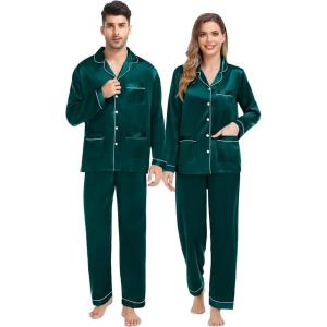 SWOMOG Couples Matching Pajamas Set Women & Men Satin Long Sleeve Sleepwear Soft Button Down Pj Set Silk Loungewear(Deep Green)