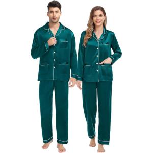 SWOMOG Couples Matching Pajamas Set Women & Men Satin Long Sleeve Sleepwear Soft Button Down Pj Set Silk Loungewear(Green)