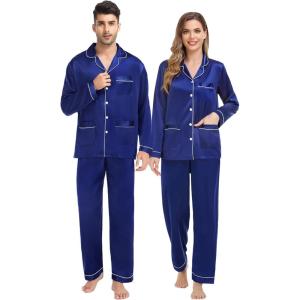 SWOMOG Couples Matching Pajamas Set Women & Men Satin Long Sleeve Sleepwear Soft Button Down Pj Set Silk Loungewear(Navy Blue)