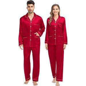 SWOMOG Couples Matching Pajamas Set Women & Men Satin Long Sleeve Sleepwear Soft Button Down Pj Set Silk Loungewear(Red)