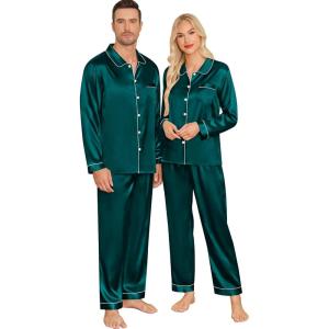 SWOMOG Couples Pajamas Sets Silk Satin Long Sleeve Sleepwear Button Down Loungewear Pjs Set Classic Pajama S-XXL(Deep Green)