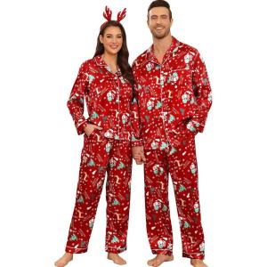 SWOMOG Couples Pajamas Sets Silk Satin Long Sleeve Sleepwear Button Down Loungewear Pjs Set Classic Pajama S-XXL(Red Christmas)