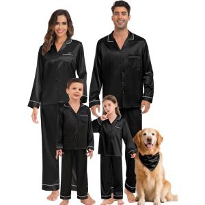 SWOMOG Family Matching Button Down Pajamas Pjs Silk Satin Long Sleeve Shirt Long Pants Set Sleepwear 2 Pcs Outfits Loungewear(Black)