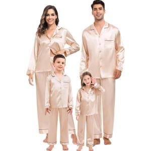 SWOMOG Family Matching Button Down Pajamas Pjs Silk Satin Long Sleeve Shirt Long Pants Set Sleepwear 2 Pcs Outfits Loungewear(Champagne)