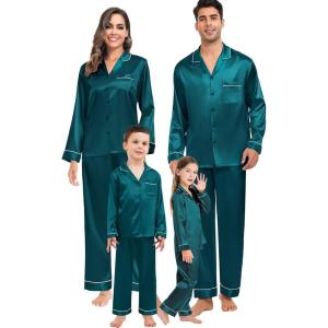 SWOMOG Family Matching Button Down Pajamas Pjs Silk Satin Long Sleeve Shirt Long Pants Set Sleepwear 2 Pcs Outfits Loungewear(Green)