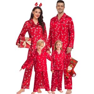 SWOMOG Family Matching Button Down Pajamas Pjs Silk Satin Long Sleeve Shirt Long Pants Set Sleepwear 2 Pcs Outfits Loungewear(Red Candy Cane)