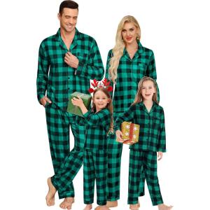 SWOMOG Family Matching Christmas Pajama Sets Ultra-Soft PJs Sets Long Sleeve Pull Over Sleepwear(Button Down Green Plaid)