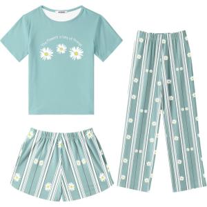 SWOMOG Girls Pajamas Sets 3 Piece Short Sleeve Sleepwear Summer Cute Pjs Cartoon Print Loungewear for Kids Size 6-15(Green Daisy)
