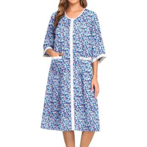 SWOMOG House Dress for Women Snap Front Dusters for Women with Pockets 3/4 Sleeve Cotton Nightgown S-XXXL(Light Blue Flower)