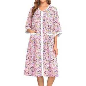 SWOMOG House Dress for Women Snap Front Dusters for Women with Pockets 3/4 Sleeve Cotton Nightgown S-XXXL(Pink Flower)