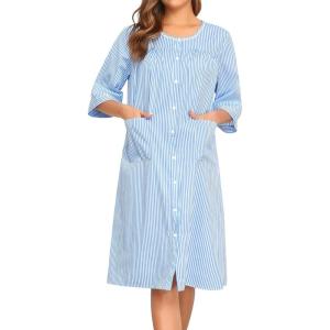 SWOMOG House Dress for Women Snap Front Dusters for Women with Pockets 3/4 Sleeve Cotton Nightgown S-XXXL(Striped Lightblue)