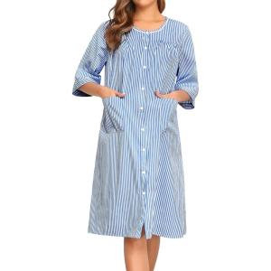 SWOMOG House Dress for Women Snap Front Dusters for Women with Pockets 3/4 Sleeve Cotton Nightgown S-XXXL(Striped Navyblue)
