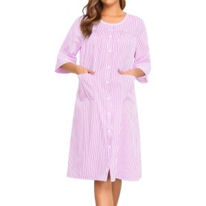SWOMOG House Dress for Women Snap Front Dusters for Women with Pockets 3/4 Sleeve Cotton Nightgown S-XXXL(Striped Pink)