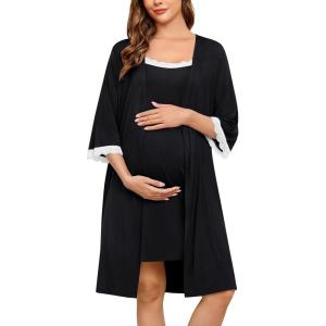 SWOMOG Lace Maternity Nursing Gown and Robe Set Double Layer Labor Delivery Nursing Hospital Nightgowns for Breastfeeding(Black)