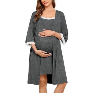 SWOMOG Lace Maternity Nursing Gown and Robe Set Double Layer Labor Delivery Nursing Hospital Nightgowns for Breastfeeding(Deep Grey)