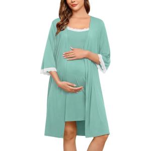 SWOMOG Lace Maternity Nursing Gown and Robe Set Double Layer Labor Delivery Nursing Hospital Nightgowns for Breastfeeding(Sage Green)