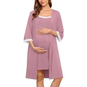 SWOMOG Lace Maternity Nursing Gown and Robe Set Double Layer Labor Delivery Nursing Hospital Nightgowns for Breastfeeding(Taro Purple)
