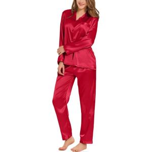 SWOMOG Long Sleeve Pajamas Set Silk Satin Sleepwear Button Down Pjs Loungewear with Pocket(Christmas Red)