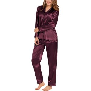 SWOMOG Long Sleeve Pajamas Set Silk Satin Sleepwear Button Down Pjs Loungewear with Pocket(Deep Wine Red)