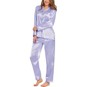SWOMOG Long Sleeve Pajamas Set Silk Satin Sleepwear Button Down Pjs Loungewear with Pocket(Lavender)