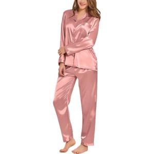 SWOMOG Long Sleeve Pajamas Set Silk Satin Sleepwear Button Down Pjs Loungewear with Pocket(Misty Rose)