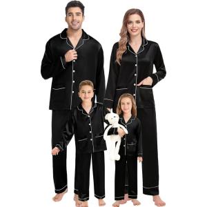 SWOMOG Matching Family Pajamas Set Women & Men & Kids Silk Satin Pjs 2 Pcs Long Sleeve Button Down Sleepwear with 2 Pockets(Black)