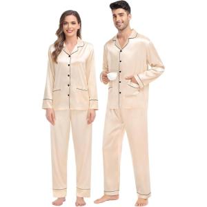SWOMOG Matching Family Pajamas Set Women & Men & Kids Silk Satin Pjs 2 Pcs Long Sleeve Button Down Sleepwear with 2 Pockets(Champagne)